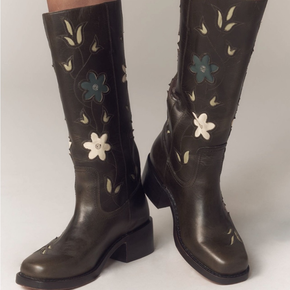 Frye Campus 14L Anthropologie Floral Olive Green Boot NIB 9.5